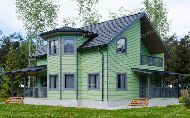 Каркасный дом 9х10 с балконом и террасой